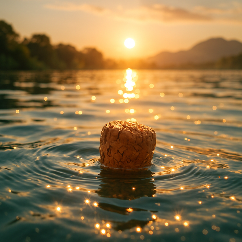 A cork bobbing in water at sunrise