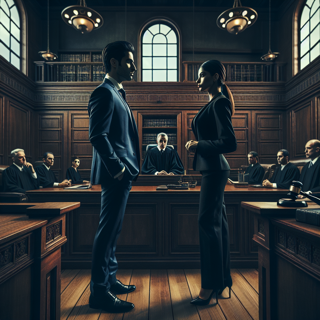 Adversarial conflict depicted through two opposing figures in a courtroom setting, highlighting tension and competition.
