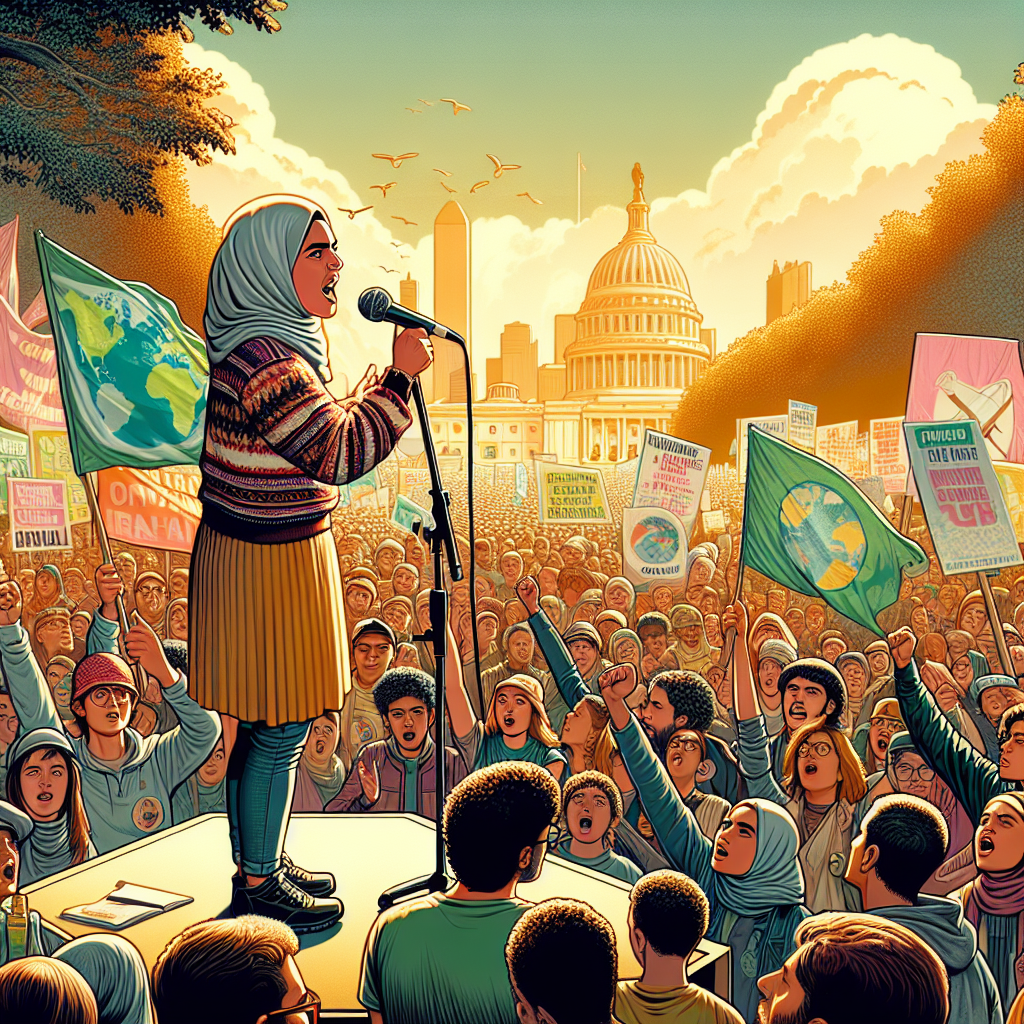 A bustling crowd creates a clamor of voices, echoing the urgency of social change and collective demands.