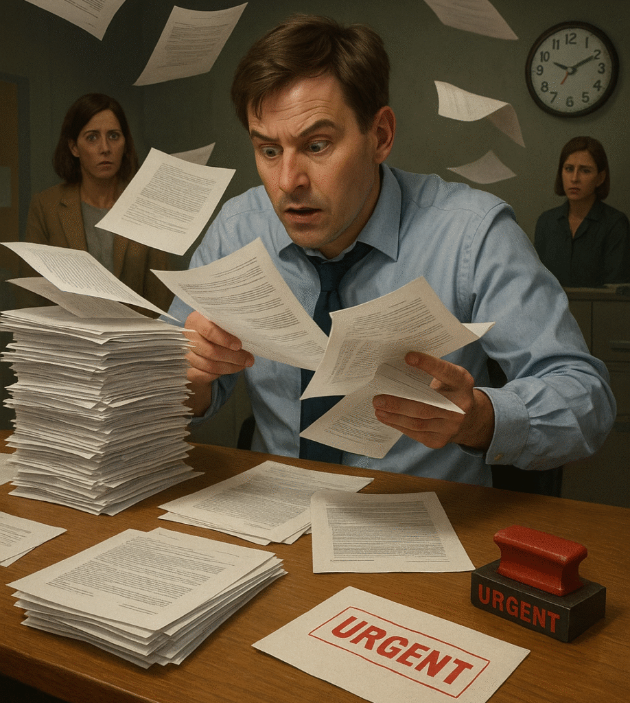 A distracted office worker quickly skims through a towering stack of documents under dim fluorescent lights. Papers are flying, some upside down, others barely read, as the worker’s eyes dart from one page to another without focus.