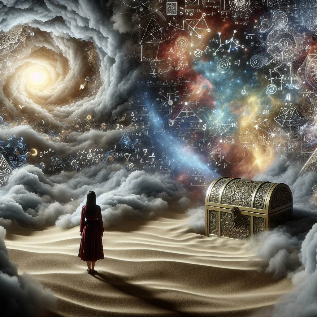 A complex abstract painting symbolizing the concept of 'abstruse' knowledge shrouded in obscurity and depth.