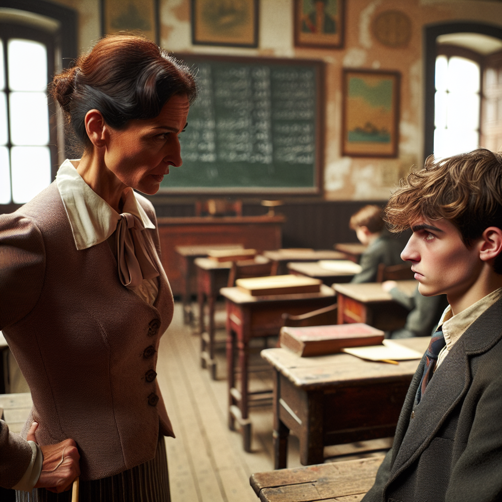 A stern teacher chastise a student, reflecting authority and the importance of learning from mistakes, illustrating discipline's role.