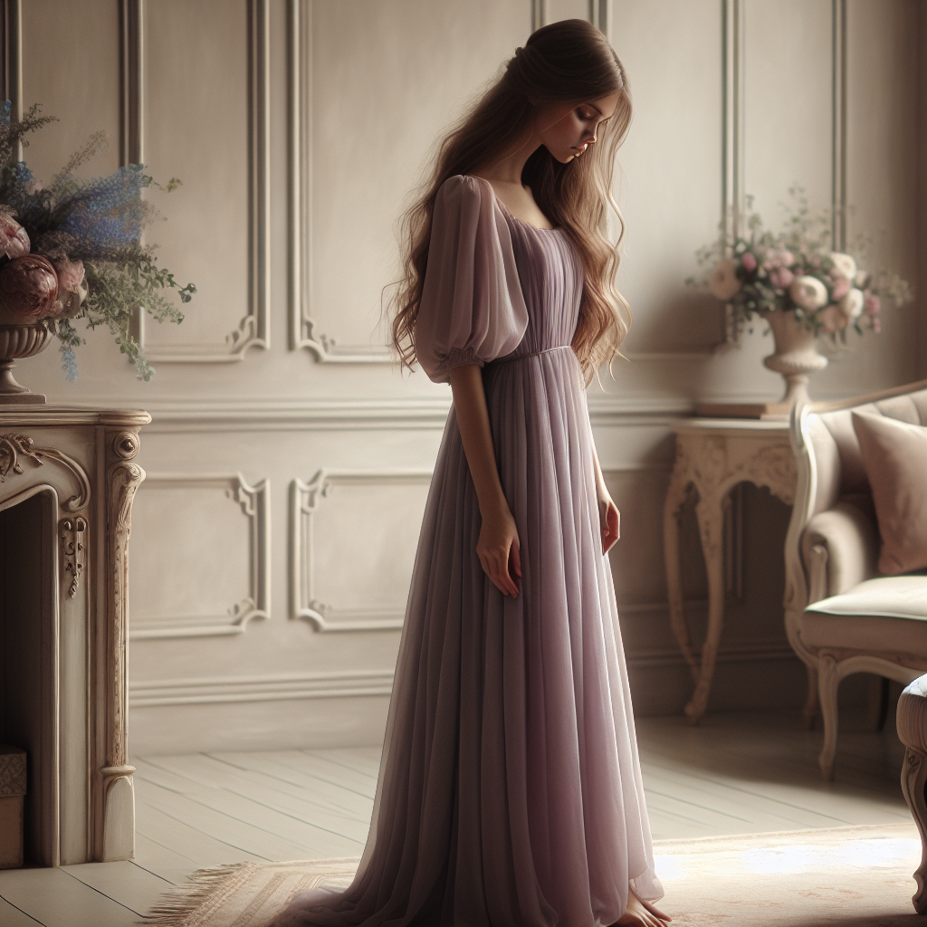 A demure woman in elegant lavender attire, embodying modesty and grace, highlights the allure of subtle strength.