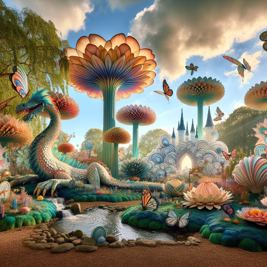 A whimsical garden teeming with fanciful creatures, inviting imagination and wonder with its vibrant colors and surreal forms.