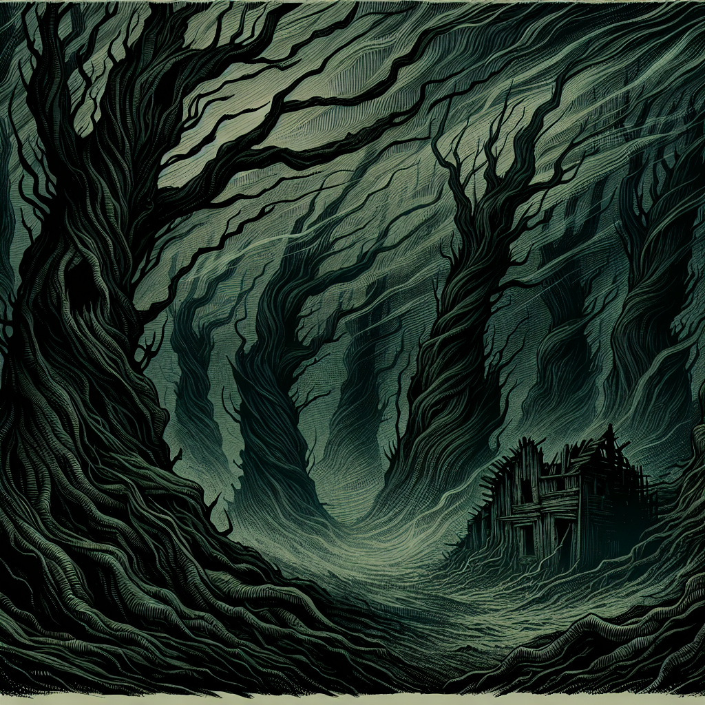 A dark cloud looms over the landscape, evoking a sense of foreboding, signaling dread and imminent danger in the air.