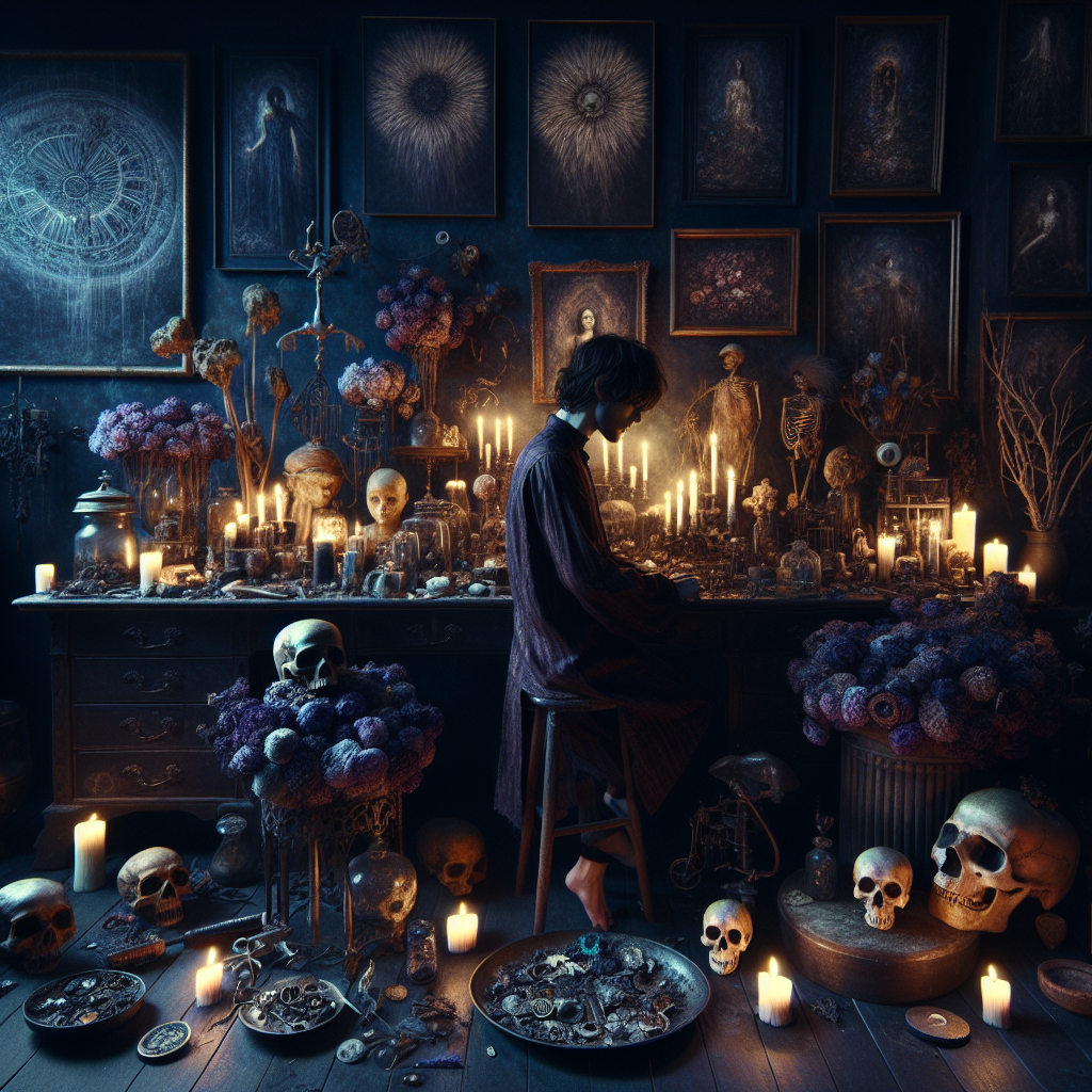 A darkly themed artwork illustrating morbid curiosity and fascination with decay and death, evoking deep emotional responses.